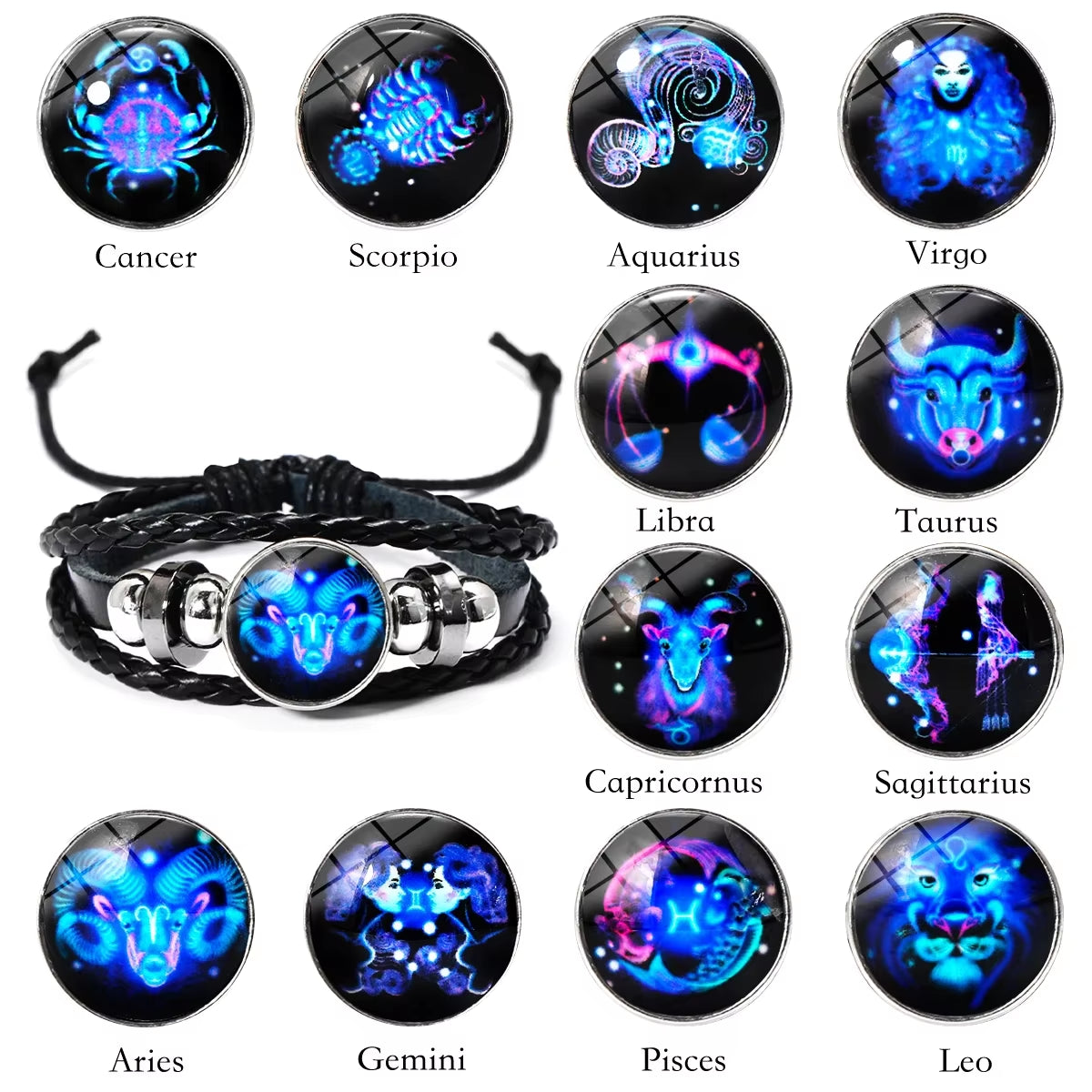 Pulsera de Cuero con Signo Zodiacal Luminoso